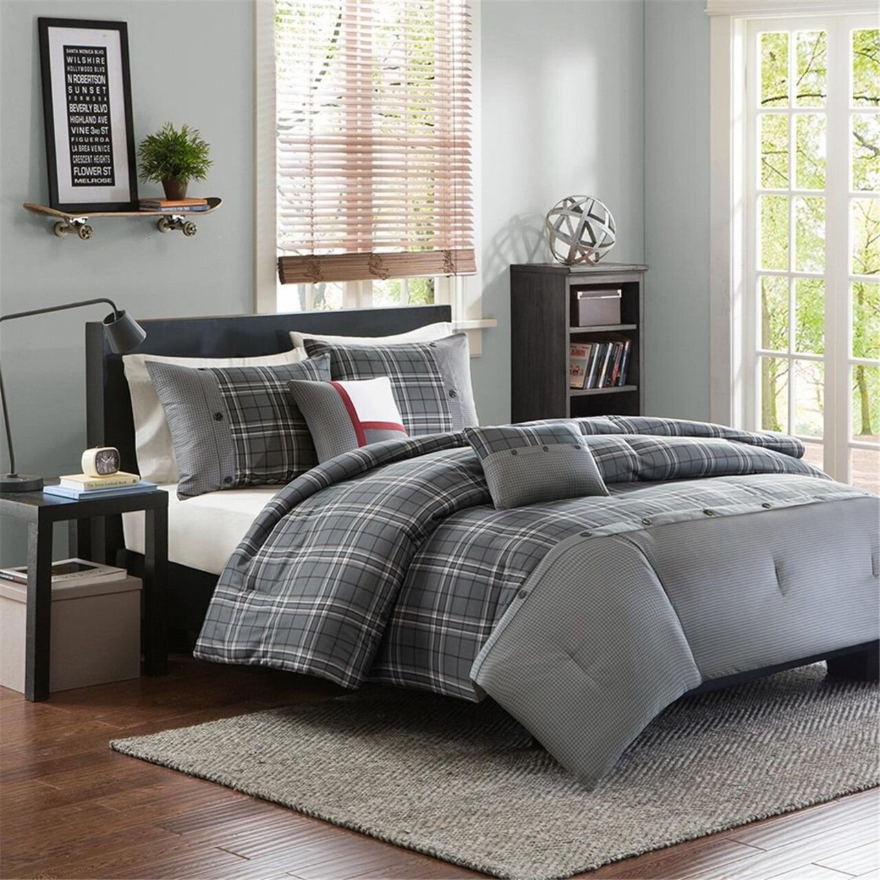 Edge Collections - 26" x 20" - Gray - Daryl Twin XL White Plaid Comforter Set - 1 Set